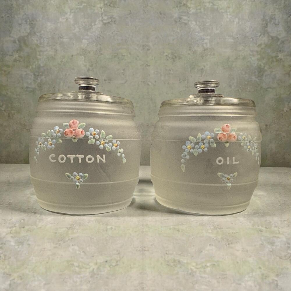 Vintage Kruger Frosted Glass Vanity Jars Hand Painted Flowers Cotton & Oil